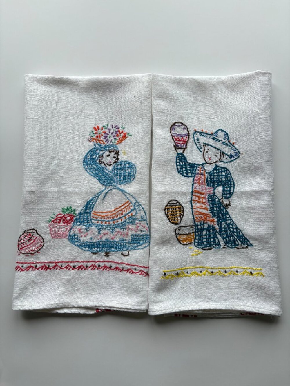 Two Vintage Linen Hand Embroidered Kitchen Towels